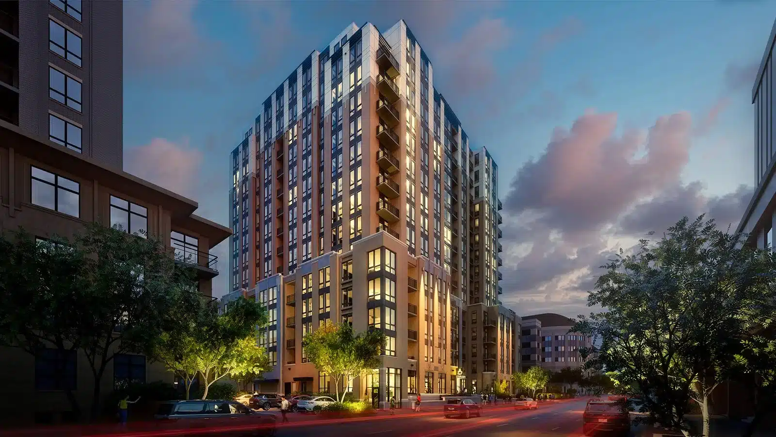 Luminary Madison apartment building exterior at dusk